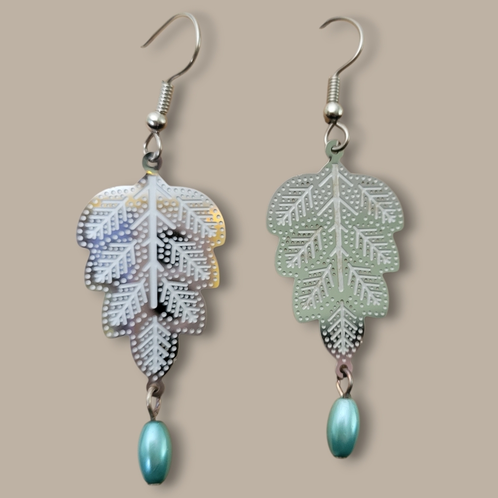 Intricate Silver Leaf Earrings with Teal Bead Drops - Picture 2 of 2